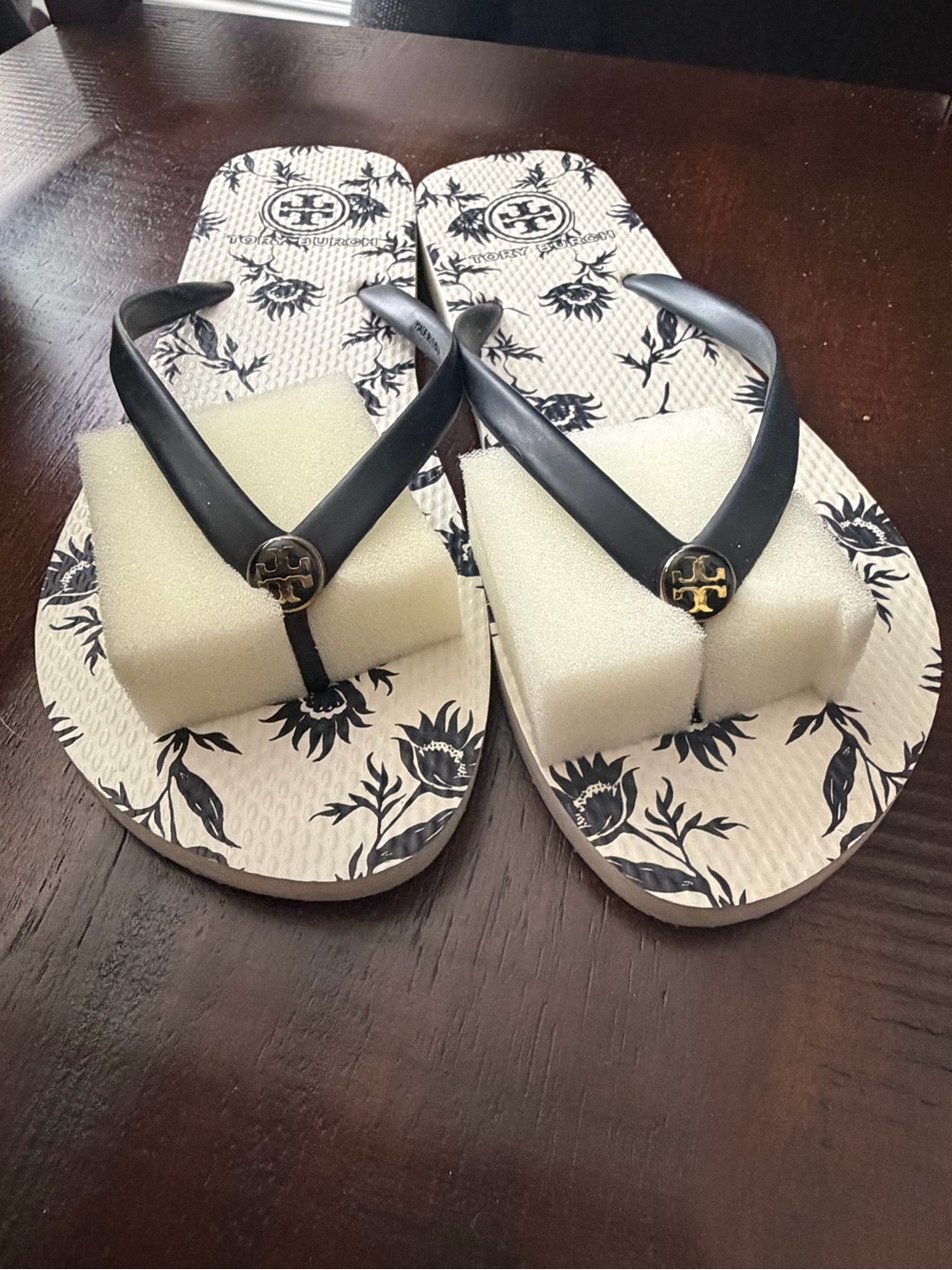 Tory Burch Navy  and White Floral Thong Sandals